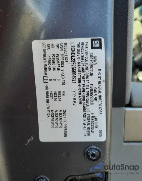 2006 Chevrolet Equinox Ls from USA, damaged, VIN 2CNDL23F766004921
